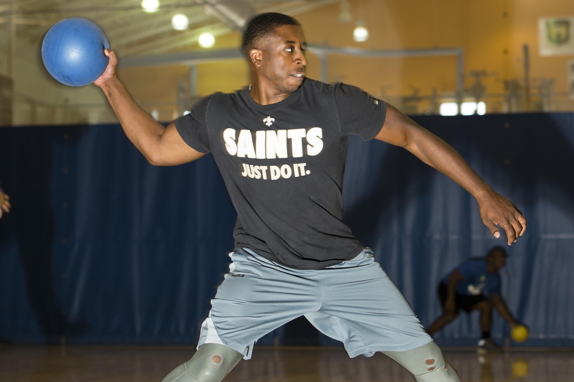 A Team Minot Airman prepares to hurl a dodgeball during the Summer Games at Minot Air Force Base, N.D., Aug. 30, 2016. More than 20 squadrons participated in 18 events during this year’s Summer Games. (U.S. Air Force photo/Airman 1st Class J.T. Armstrong)