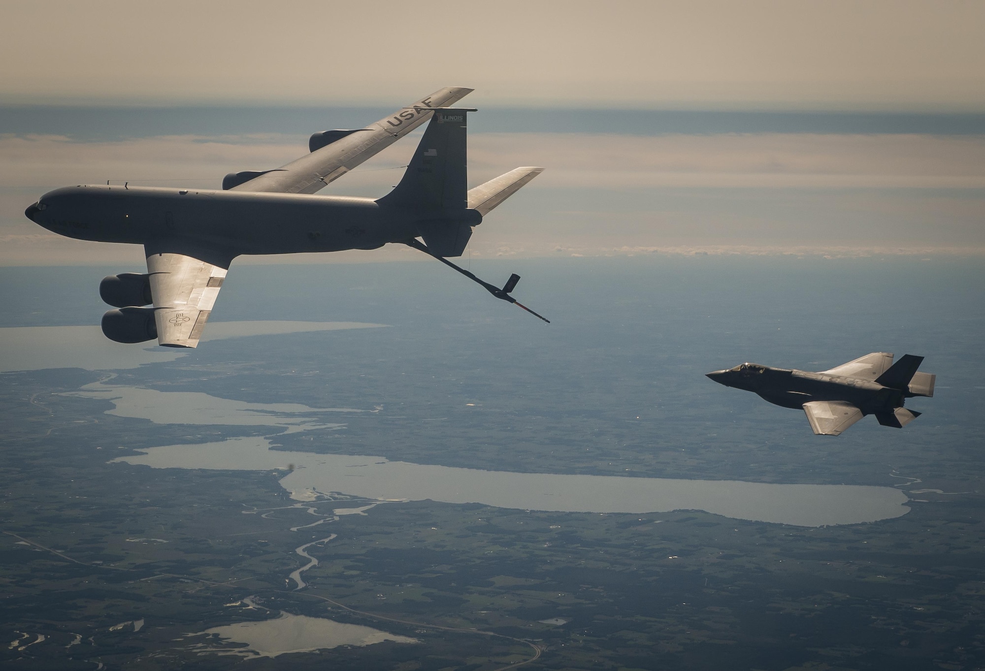 A 33rd Fighter Wing F-35A Lighting II approaches a 126th Air Refueling Wing KC-135 Stratotanker to refuel during Exercise Northern Lighting Aug. 31, 2016. Northern Lightning is a tactical-level, joint training exercise that emphasizes fifth and fourth generation assets engaged in a contested, degraded environment. (U.S. Air Force photo/Staff Sgt. DeAndre Curtiss)

