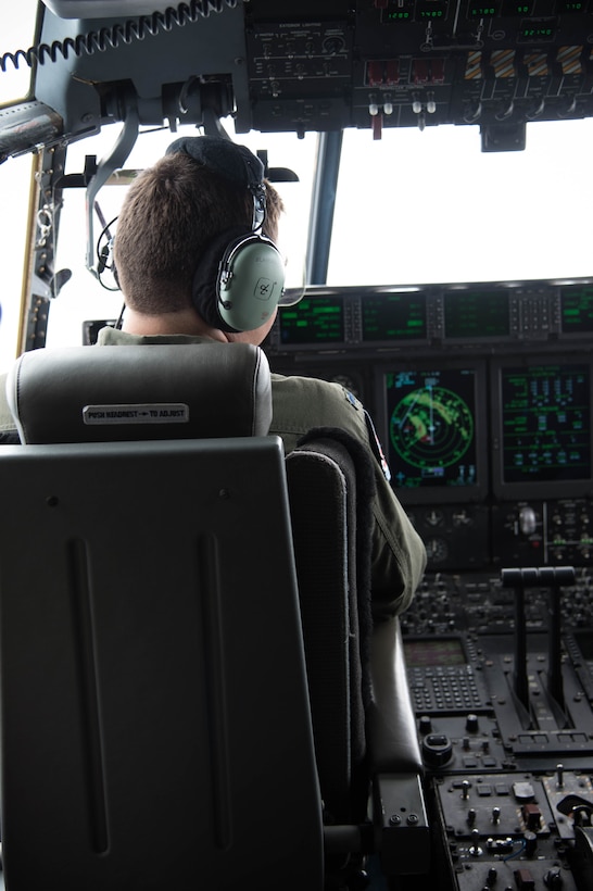 53rd Weather Reconnaissance Squadron pilot looks out the cockpit window during a flight into Hurricane Hermine Sept. 1, 2016 (U.S. Air Force photo by Senior Airman Heather Heiney)