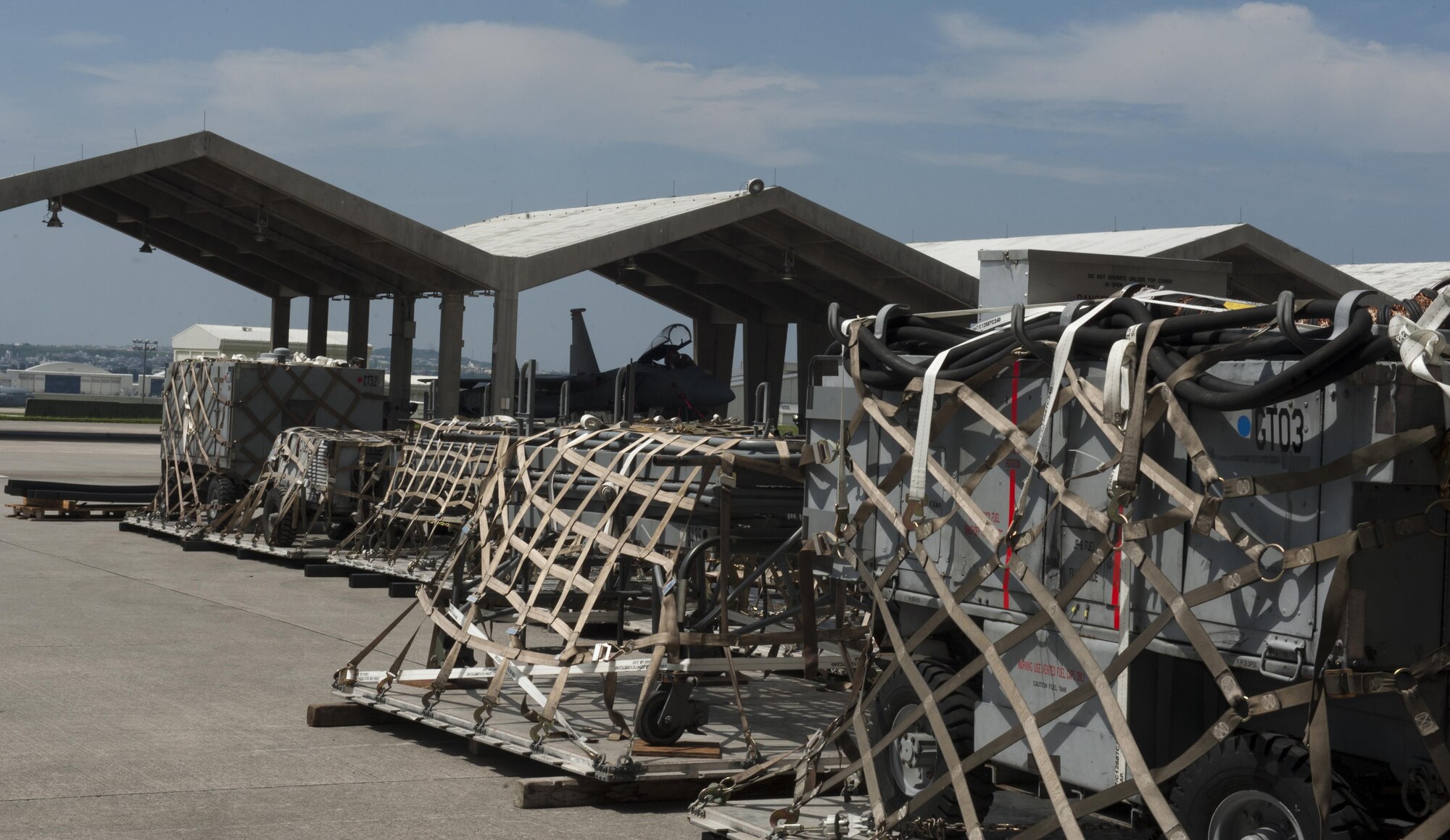 Aircraft equipment sits ready for loading Aug. 31, 2016, at Kadena Air Base, Japan. The 18th Equipment Maintenance Squadron Aerospace Ground Equipment flight prepared over 70 pallets of aircraft supplies for Exercise Valiant Shield. (U.S. Air Force photo by Airman 1st Class Lynette M. Rolen)