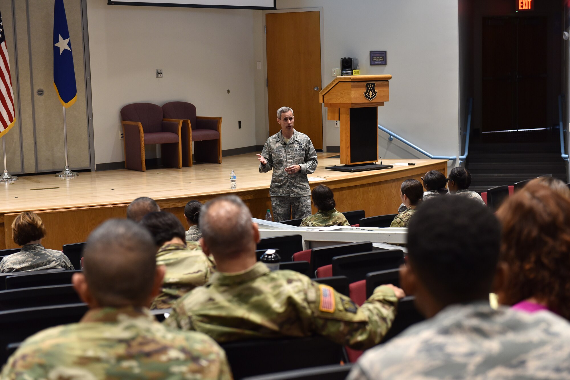 Brig. Gen. Tim Cathcart, director, National Guard Bureau Legislative Liaison office, speaks with National Guard Soldiers, Airmen and civilians during the General Officer Support Staff Course August 31, 2016, at the I.G. Brown Training and Education Center on McGhee Tyson Air National Guard Base in Louisville, Tenn. The course aids personnel in their assignments with high-ranking leaders through informative lectures and subject expertise on the workings of general officers' roles and staffs. (U.S. Air National Guard photo by Master Sgt. Mike R. Smith)