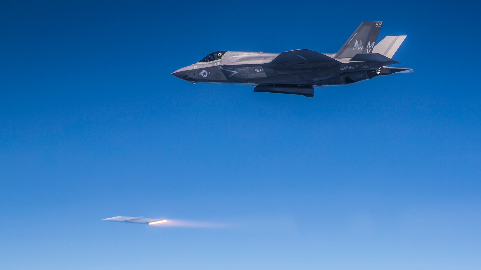 An F-35B Lightning II with Marine Operational Test & Evaluation Squadron 1 fires an AIM-120 Advanced Medium-Range Air-to-Air Missile during U.S. Marine F-35B operational tests. These employment scenarios differed from those conducted in Developmental Tests in that they were specifically designed around operational employment scenarios with the aim of further validating and developing tactics, techniques, and procedures for all three variants of the F-35. The tests began August 9 and ended September 1, 2016. 