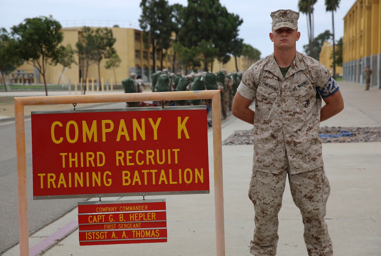 Lance Cpl. John R. Porchivina, Kilo Company, 3rd Recruit Training Battalion, stands outside his squad bay at Marine Corps Recruit Depot San Diego, Aug. 25. Porchivina served as his platoon’s guide during recruit training. Following recruit training, Porchivina will report to the School of Infantry at Camp Pendleton, Calif., to become an infantryman