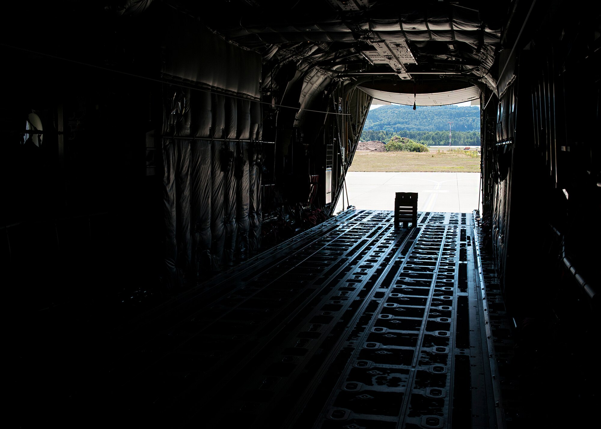 A C-130J Super Hercules’ cargo doors are opened at Ramstein Air Base, Germany, Aug. 24, 2016. The C-130J can carry 42,000 pounds or fit 92 passengers. (U.S. Air Force photo/Senior Airman Jimmie D. Pike)