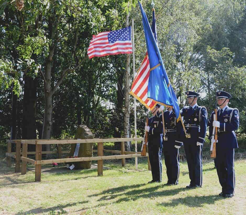 U.S. Air Force honor guard members from RAF Mildenhall, England, present the colors at the Thorney Dyke 40th Anniversary Aug. 30, 2016, in Thorney, England. A C-141 Starlifter from the 438th Military Airlift Wing, McGuire Air Force Base crashed Aug. 28, 1976, at this location during a severe thunderstorm in route to RAF Mildenhall, England. All 14 crew members and four passengers lost their lives that day.  The site has been memorialized by local residents and council members. (U.S. Air Force photo by Senior Airman Justine Rho)