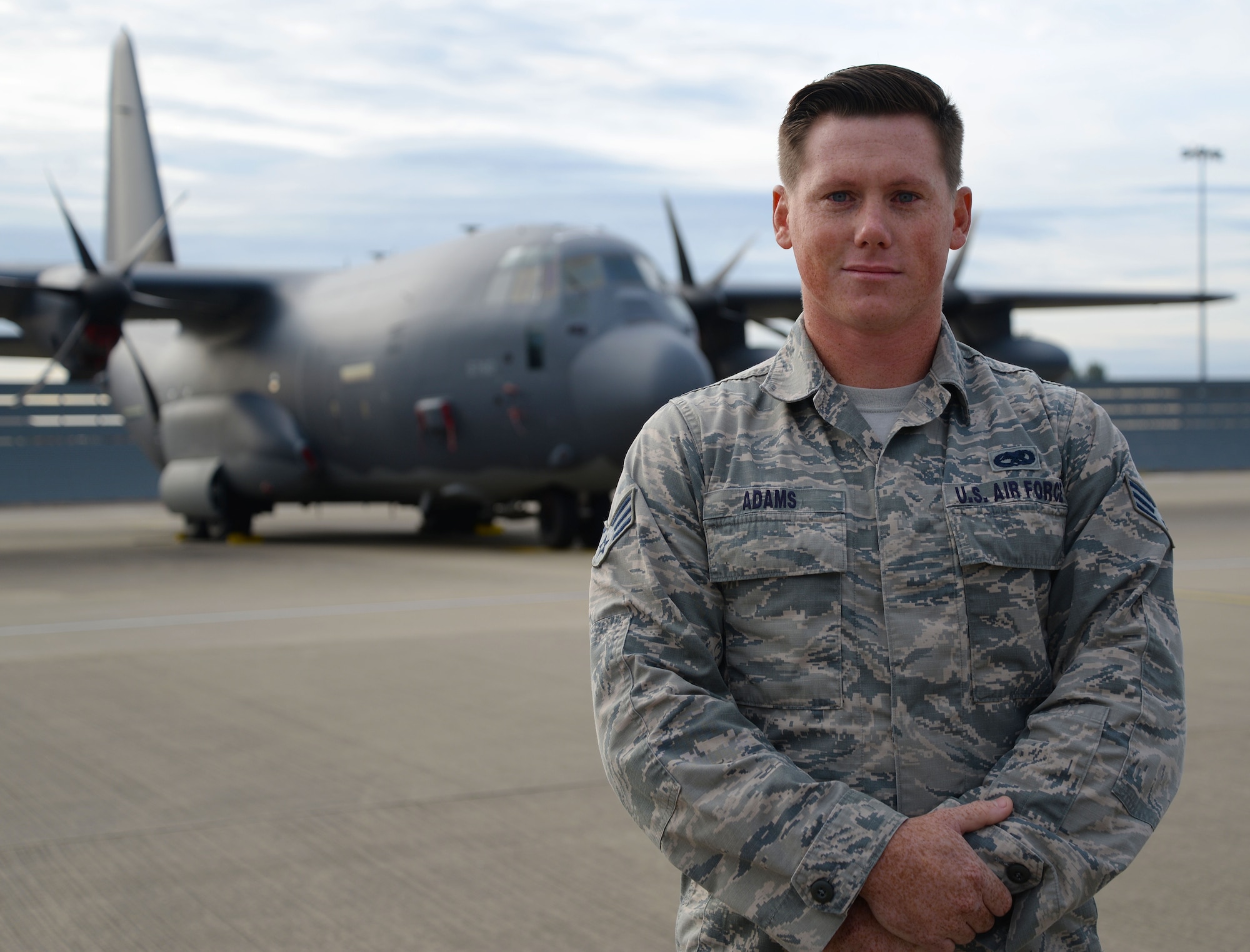 U.S. Air Force Senior Airman Christopher Adams, 352nd Special Operations Aircraft Maintenance Squadron aerospace propulsion craftsman, poses for a photo Sept. 2, 2016, on RAF Mildenhall, England. Adams earned the Square D Spotlight for exhibiting the Air Force’s core value: Service Before Self. (U.S. Air Force photo by Senior Airman Justine Rho)