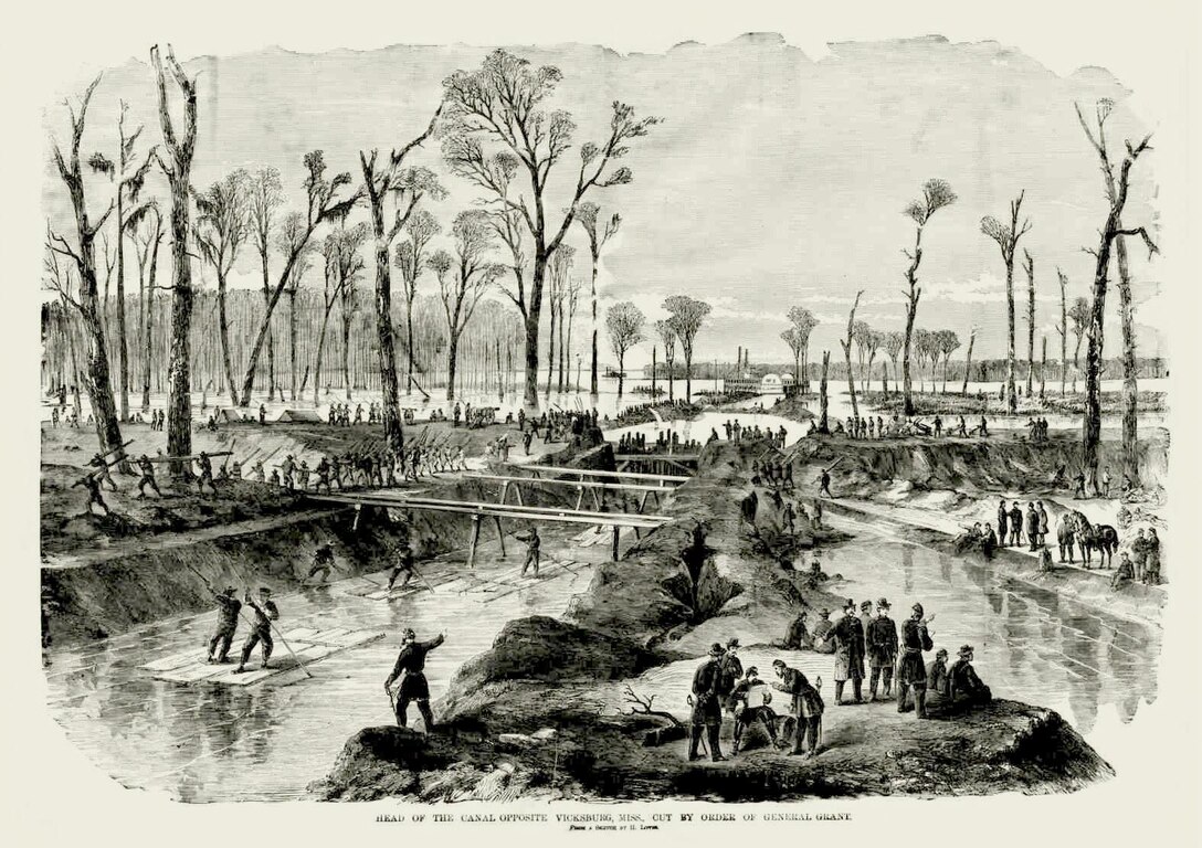 During the naval siege of Vicksburg, Brig. Gen. Thomas Williams put his men to work with pick and shovel to excavate a canal across the base of De Soto Point, opposite Vicksburg, in a failed effort to bypass Confederate batteries.