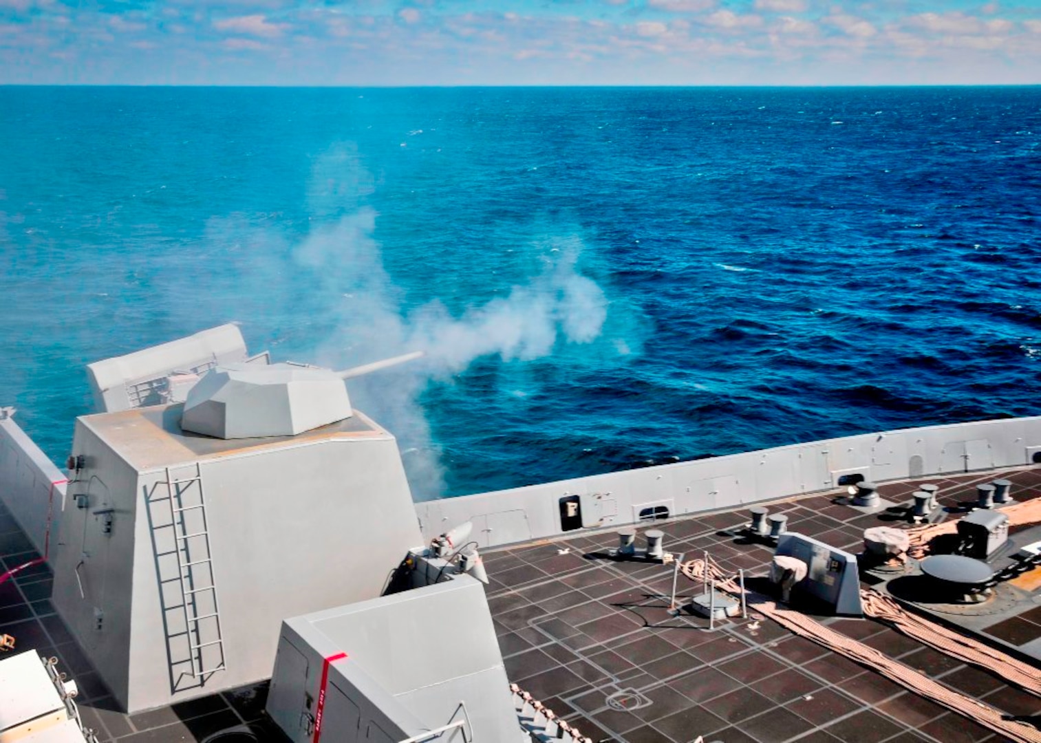 ATLANTIC OCEAN – The amphibious transport dock ship USS New York (LPD 21) fires its MK46 30mm gun during a live-fire exercise. Navy scientists and engineers evaluated a strike group’s Aegis combat system and gun weapon systems – including the 30 millimeter gun – as well as unmanned vehicles integrated with surface and air assets at the 2016 USS Dahlgren demonstration, Aug. 30. The test – made possible by a cybernetic laboratory called USS Dahlgren – proved engagement coordination across the simulated battlegroup and live fire destruction of multiple targets from two combatants utilizing two different gun based systems. “This has been five to six years in the making and couldn't come at a better time as we see real-world events such as the recent small boat incursions in the Middle East, highlighting the need for the Fleet,” said Capt. Brian Durant, NSWCDD commanding officer. (U.S. Navy photo by Mass Communication Specialist 2nd Class Cyrus Roson/Released)