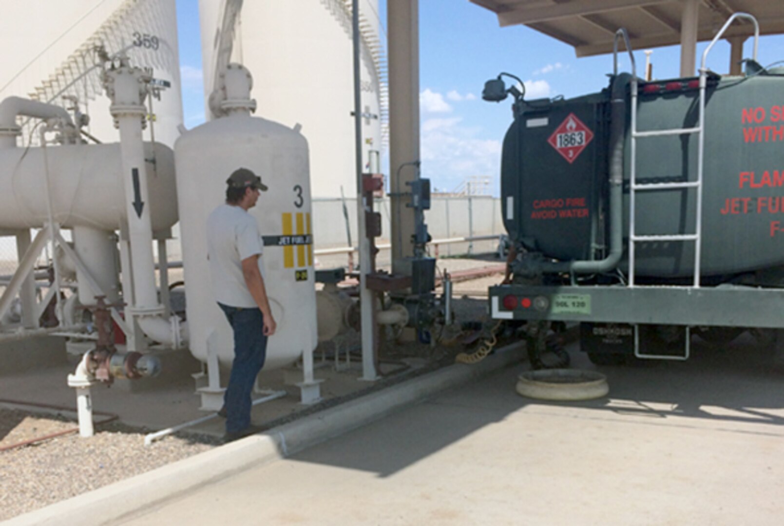 A refueling truck is being loaded with Jet A aviation fuel for later use on the flight line at Luke Air Force Base, Arizona. Defense Logistics Agency Energy at San Pedro, California, personnel provided additional aviation fuel deliveries to support Luke Air Force Base in response to a pipeline break as a result of damage from a backhoe excavation.  Courtesy photo