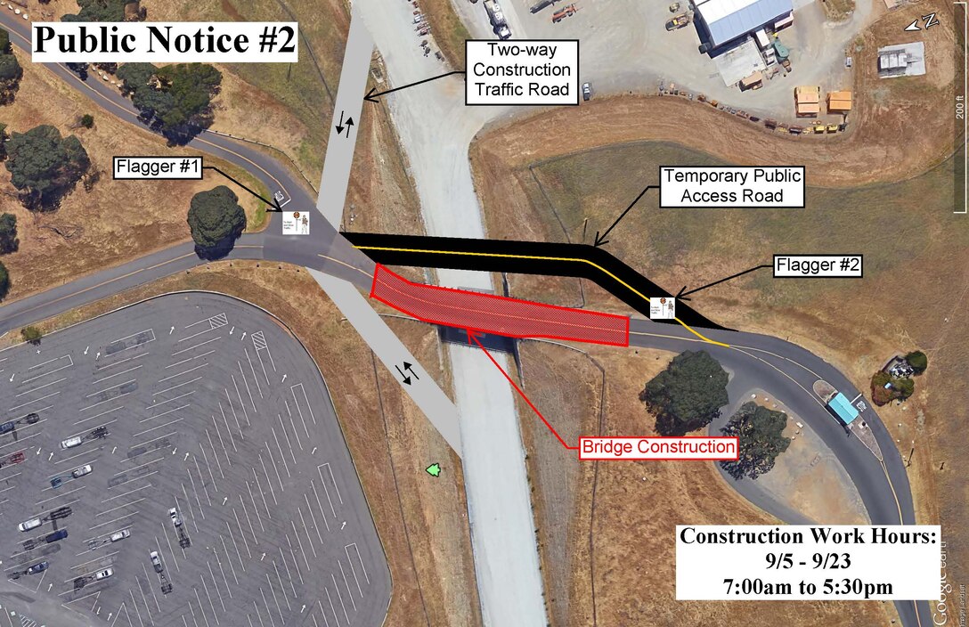 Diagram shows traffic impacts to recreation users at Folsom Point near the Folsom Dam auxiliary spillway project. Corps contractors will be removing the temporary bridge that crossed the project's haul route as part of the project's fifth and final phase, which will restore the site to its natural state. 
