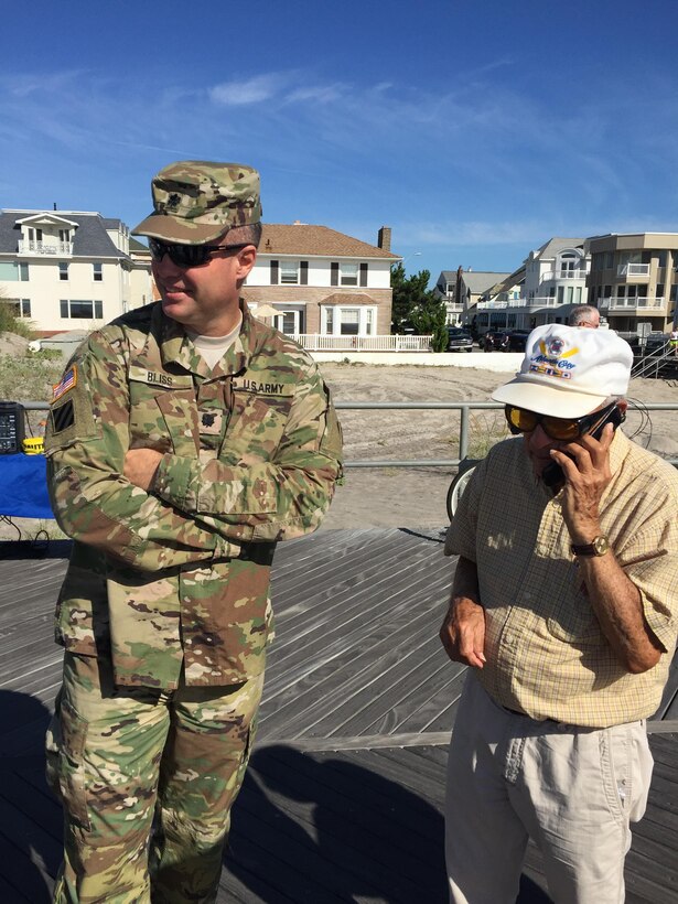 USACE Philadelphia District Commander Lt. Col. Michael Bliss spoke with media and citizens during an event in Ventnor City, New Jersey to announce the bid announcement for the Absecon Island contract. The project will complete the dune and berm system in southern Ventnor, Margate City, New Jersey and Longport, New Jersey. 