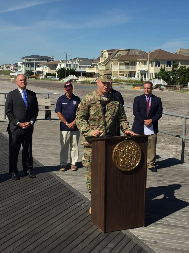 USACE Philadelphia District Commander Lt. Col. Michael Bliss addressed citizens during an event on the boardwalk in Ventnor City, New Jersey to announce the release of the contract solicitation for the Absecon Island contract. The project will complete the dune and berm system in southern Ventnor, Margate City, New Jersey and Longport, New Jersey