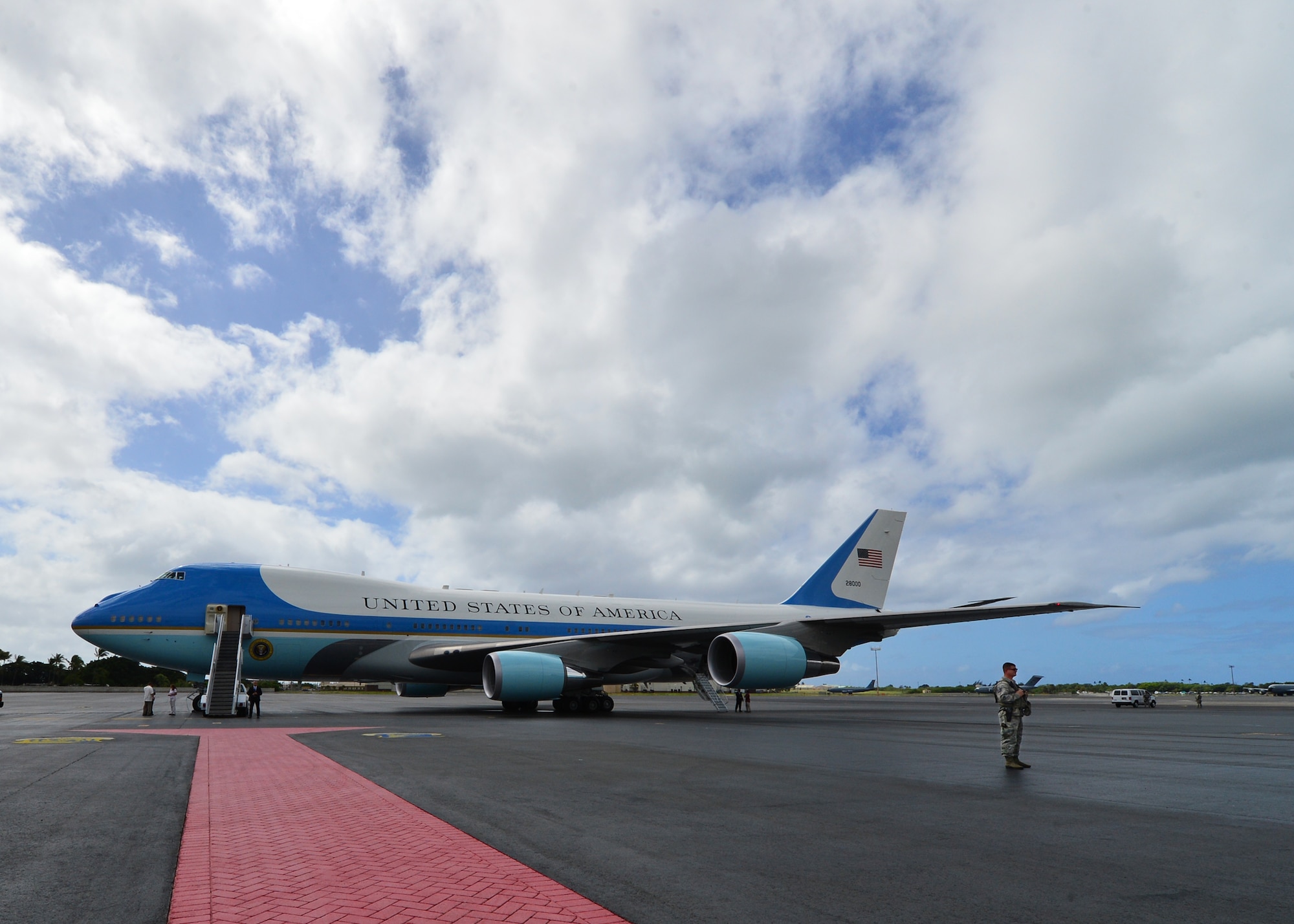 VC-25A, Air Force One, is prepped for takeoff from Joint Base Pearl Harbor-Hickam, Hawaii, Sep. 2, 2016. President Barack Obama was in Hawaii to speak at the Pacific Island Conference of Leaders and the International Union for Conservation of Nature World Conservation Congress. (U.S. Air Force Photo by Tech. Sgt. Aaron Oelrich/Released)