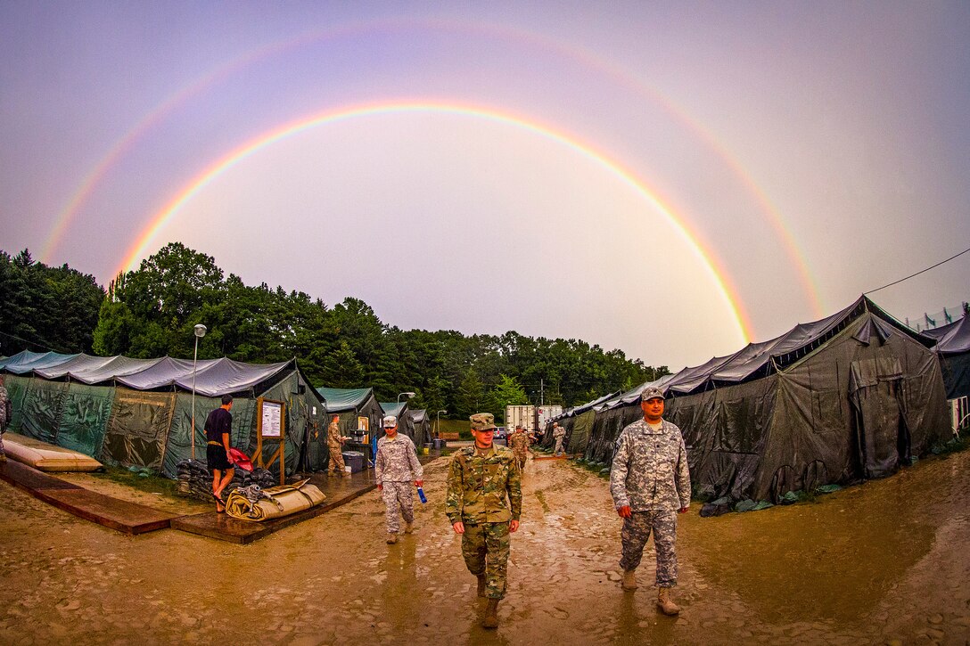 A rainbow arches over tents housing U.S. and Canadian soldiers participating in Exercise Ulchi Freedom Guardian 2016 at Yongin, South Korea, Aug 24, 2016. Army photo by Staff Sgt. Ken Scar