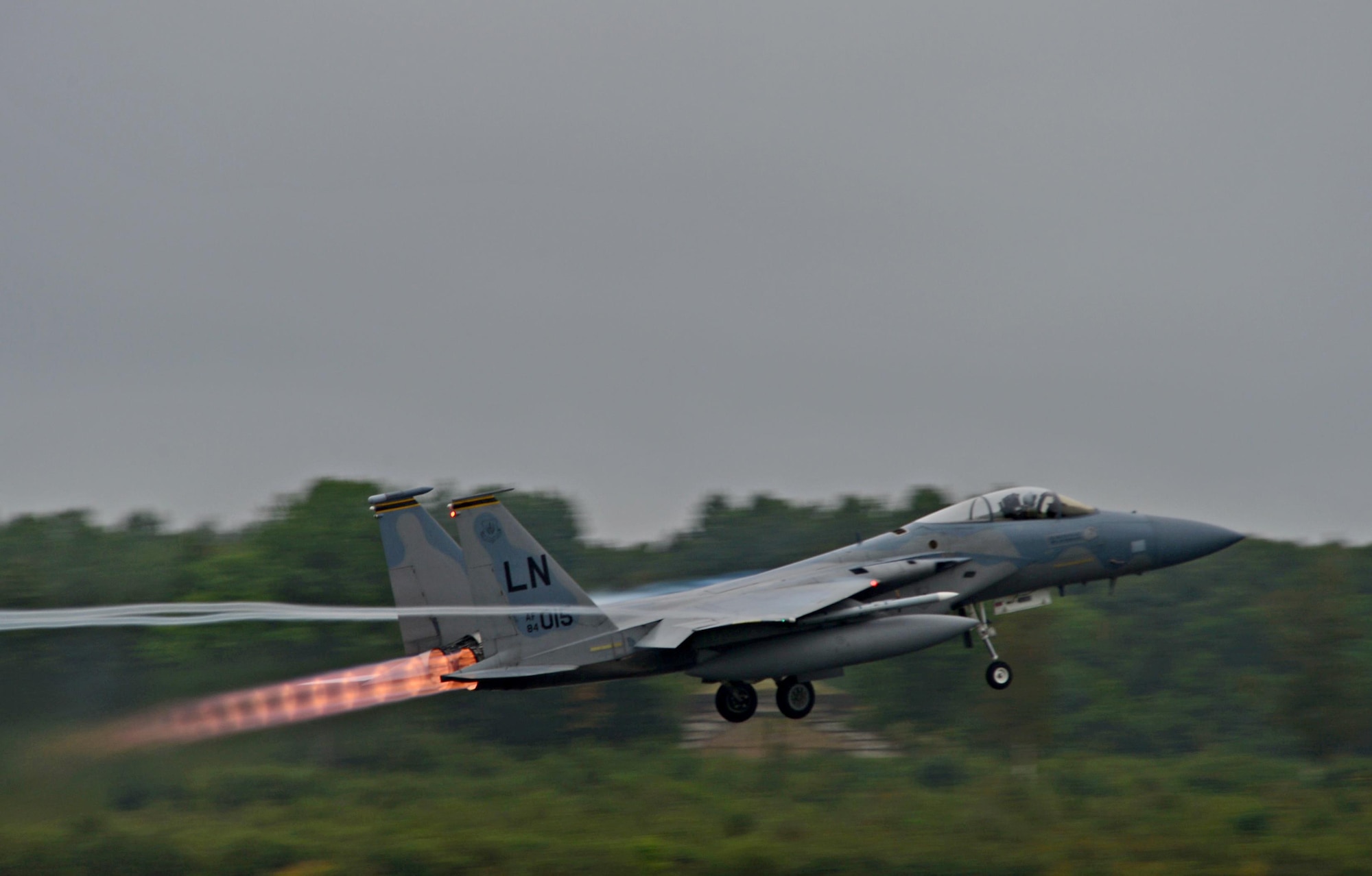 A 493rd Fighter Squadron F-15C Eagle takes off from Ämari Air Base, Estonia, Aug. 30, 2016. The squadron flew alongside the 194th Expeditionary Fighter Squadron assigned to the California Air National Guard in Fresno while participating in a flying training deployment with several allied nations and partners. The 493rd is assigned to Royal Air Force Lakenheath, England. (U.S. Air Force photo by Senior Airman Erin Trower/Released)
