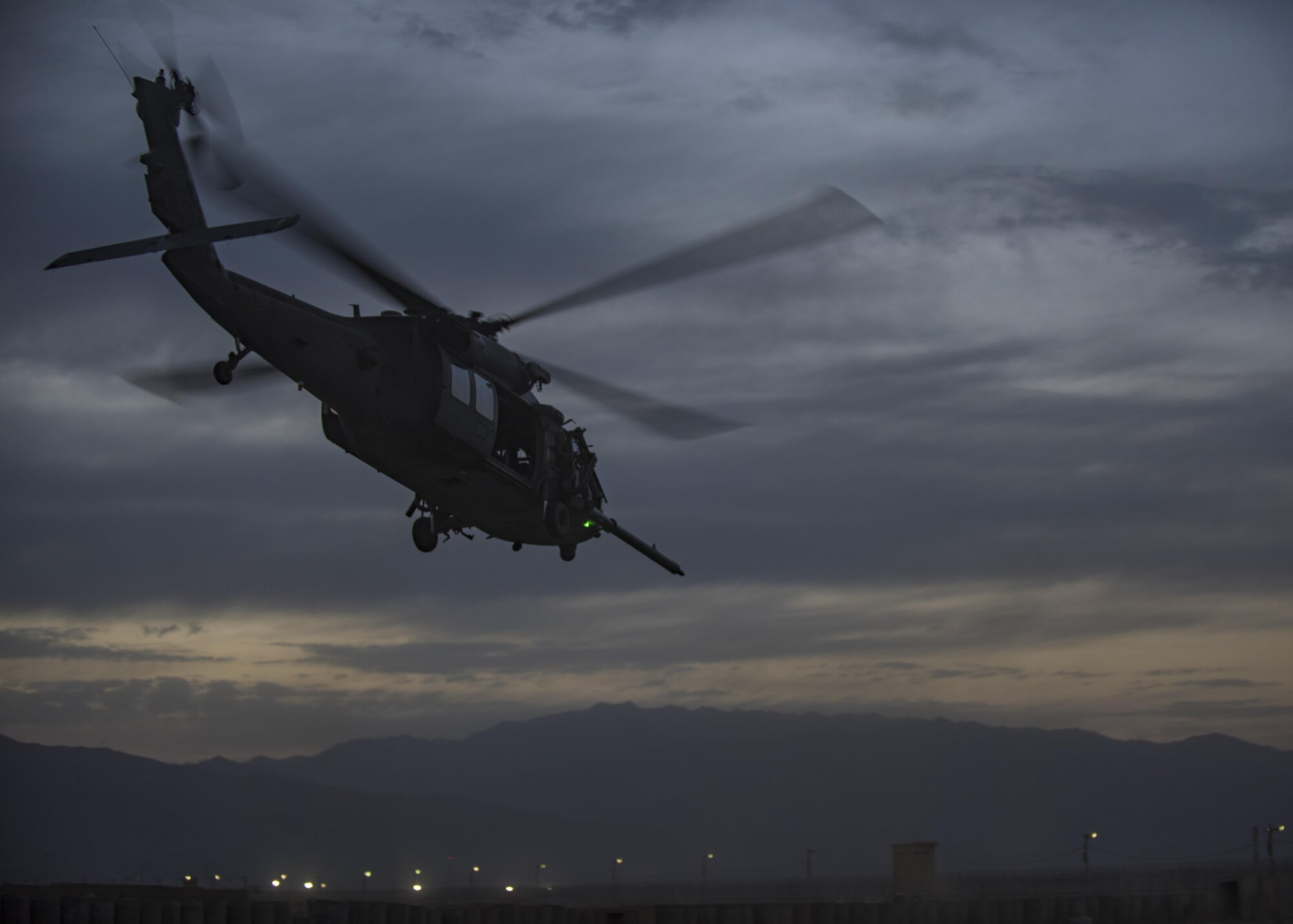 An HH-60G Pave Hawk rescue helicopter transports pararescue specialists during a joint integration mass casualty exercise, Bagram Airfield, Afghanistan, Aug. 31, 2016. During the exercise, pararescue specialist loaded simulated wounded patients into the helicopters to be evacuated to safety and treatment. (U.S. Air Force photo by Senior Airman Justyn M. Freeman)