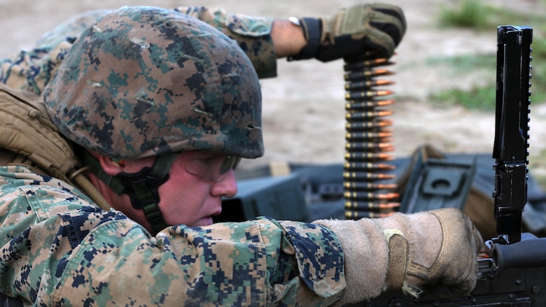 Lance Cpl. Christopher Courchain prepares his weapon for loading during a live-fire training exercise conducted by 2nd Low Altitude Air Defense Battalion, Marine Air Control Group 28, 2nd Marine Aircraft Wing at Marine Corps Base Camp Lejeune, N.C., Aug. 29-30. The exercise allowed Marines to re-familiarize themselves and qualify with the M-240 Bravo machine gun, M249 Squad Automatic Weapon, and the M2 Browning .50 caliber machine gun during the unknown distance live-fire exercise. Courchain is a gunner with 2nd LAAD, Marine Air Control Group 28, 2nd Marine Aircraft Wing.