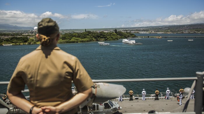 U.S. Marines and Sailors with the 13th Marine Expeditionary Unit and Boxer Amphibious Ready Group man the rails aboard the USS Boxer, Joint Base Pearl Harbor-Hickman Pier, August 29, 2016. The 13th MEU, embarked on the Boxer Amphibious Ready Group, is operating in the U.S. 3rd Fleet area of operations in support of security and stability in the Pacific region.