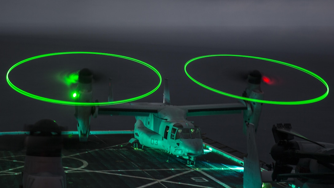 A U.S. Marine MV-22 Osprey does a functions check during WESTPAC 16-2 aboard the USS New Orleans, at Sea, Feb. 16, 2016. Following its development as the world's first production tilt-rotor aircraft, the MV-22B has not only emerged as a safe and reliable aircraft, with 242 operating around the globe today, but continues to transform the way the Marine Corps conducts assault support.