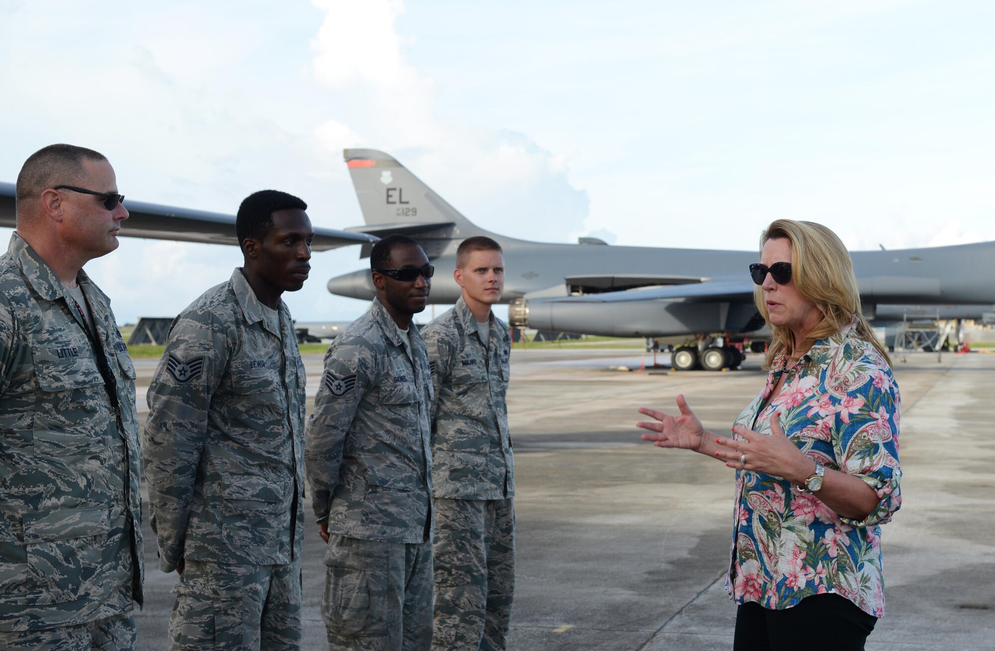 Secretary of the Air Force Deborah Lee James talks with B-1B Lancer maintainers during a visit Aug. 30, 2016, at Andersen Air Force Base, Guam. James wrapped up an 11-day trip visiting various partners throughout the Indo-Asia-Pacific region. (U.S. Air Force photo by Airman 1st Class Arielle Vasquez/Released)