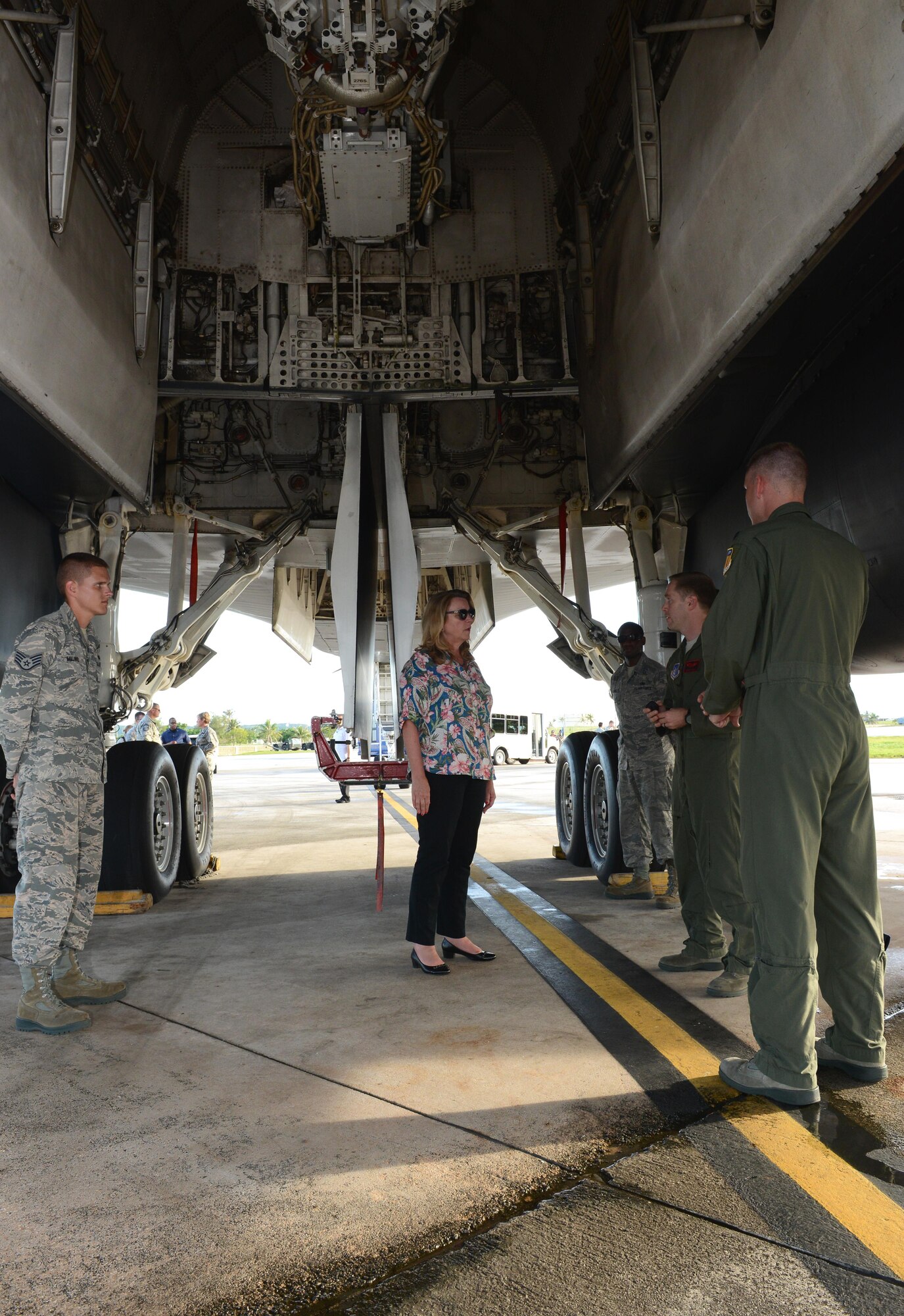 Secretary of the Air Force Deborah Lee James learns about the capabilities of the B-1B Lancer during a visit Aug. 30, 2016, at Andersen Air Force Base, Guam. During her visit, James met with Airmen from the 34th Expeditionary Bomb Squadron and wing leadership to learn about the Continuous Bomber Presence mission. (U.S. Air Force photo by Airman 1st Class Arielle Vasquez/Released)