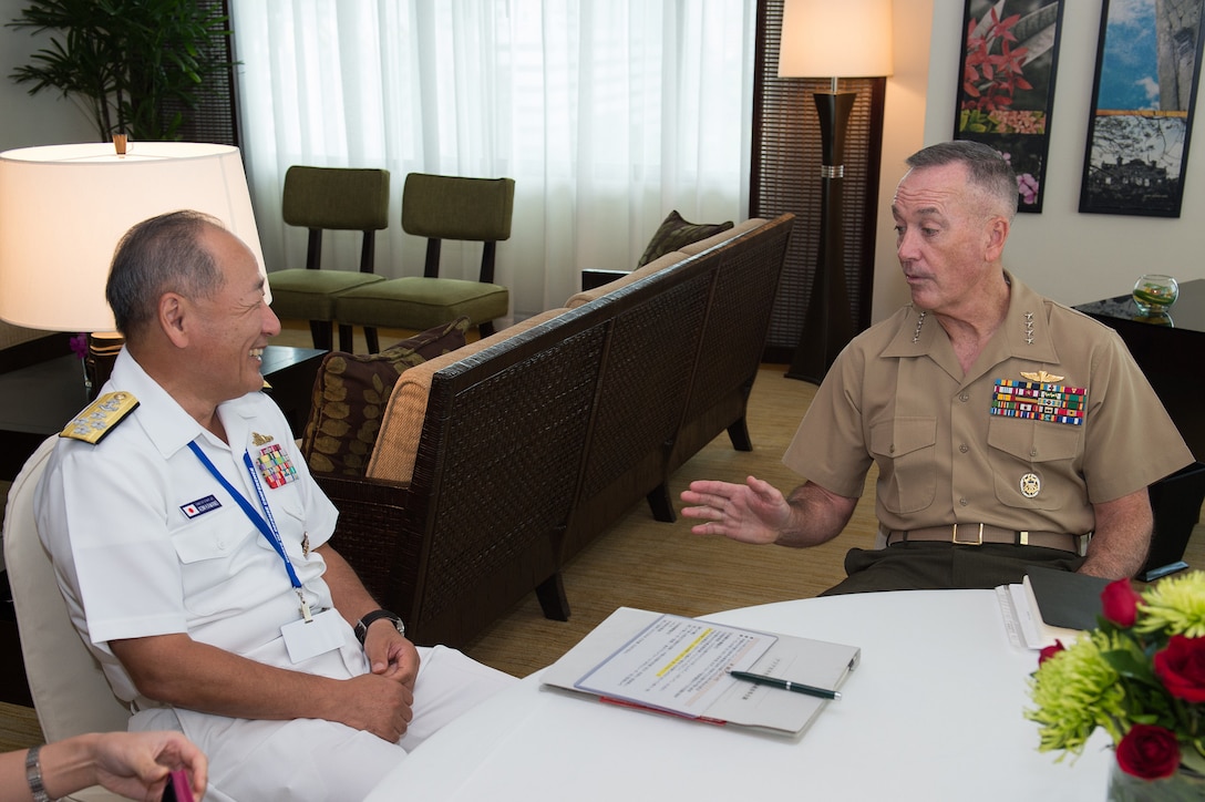 Marine Corps Gen. Joe Dunford, right, chairman of the Joint Chiefs of Staff, meets with Adm. Katsutoshi Kawano, chief of staff of Japan's Joint Staff, in Manila, the Philippines, Sept. 6, 2016. DoD photo by Army Sgt. James K. McCann