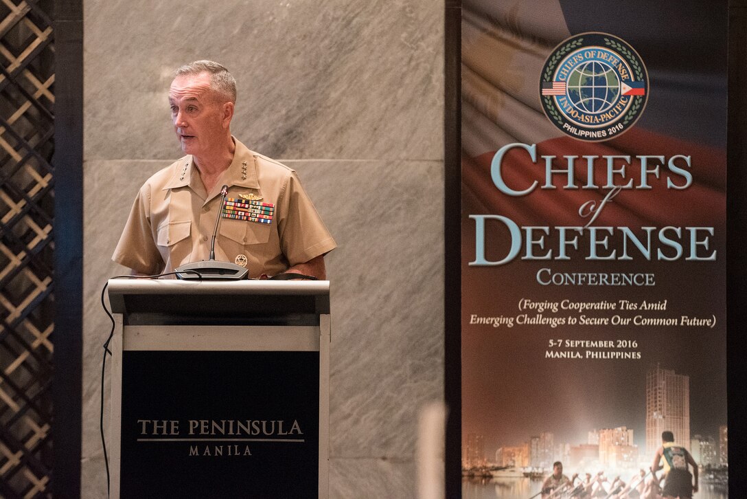 Marine Corps Gen. Joe Dunford, chairman of the Joint Chiefs of Staff, delivers opening remarks during the 2016 Chiefs of Defense Conference in Manila, the Philippines, Sept. 6, 2016. The event was hosted by the Armed Forces of the Philippines and U.S. Pacific Command. DoD photo by Army Sgt. James K. McCann