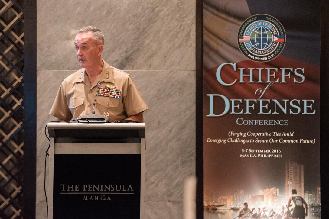 Marine Corps Gen. Joe Dunford, chairman of the Joint Chiefs of Staff, delivers opening remarks during the 2016 Chiefs of Defense Conference in Manila, Philippines,Sept.6, 2016. DoD photo by Army Sgt. James K. McCann
