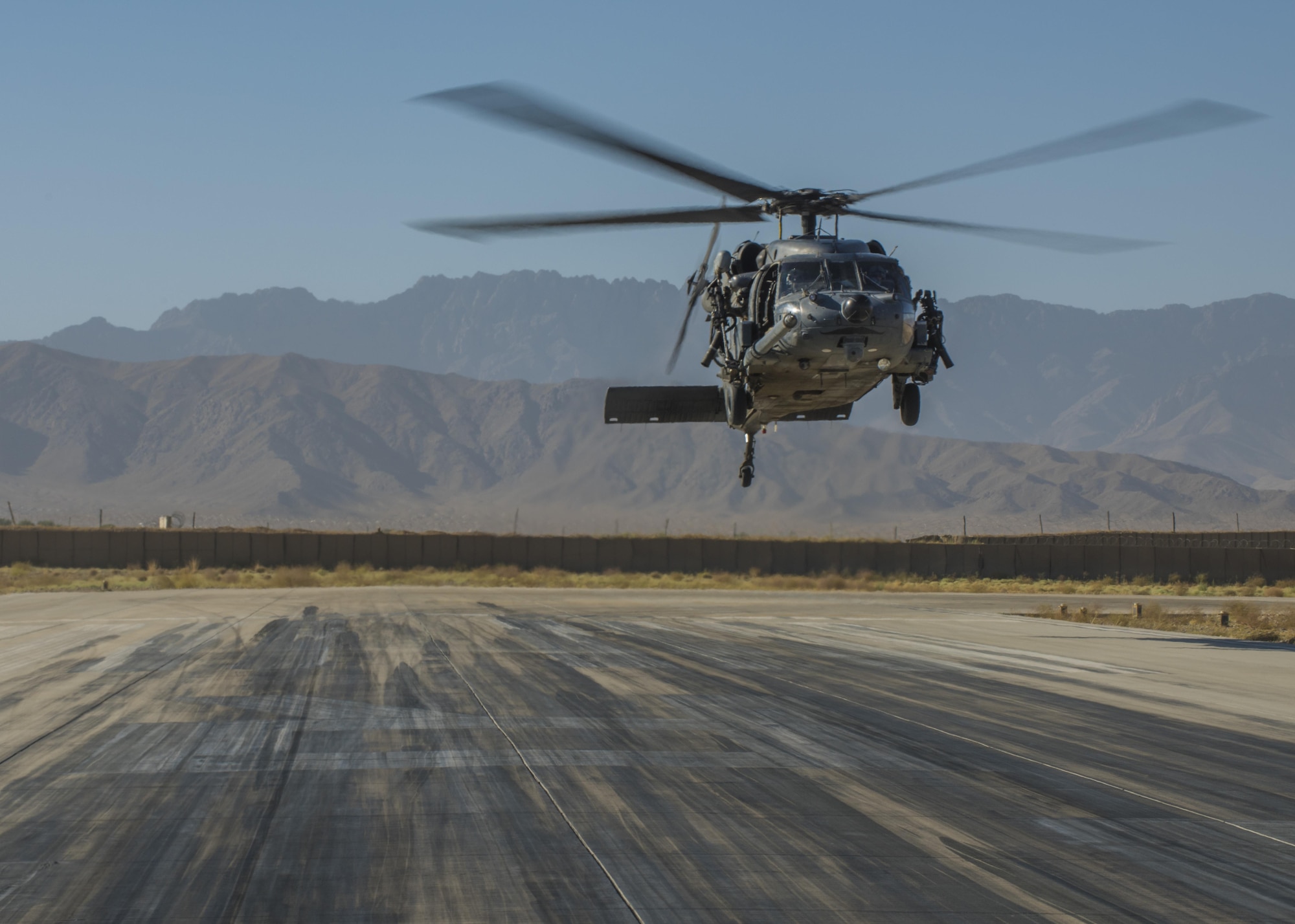 An HH-60G Pave Hawk from the 83rd Expeditionary Rescue Squadron comes in for a landing during an rescue exercise, Bagram, Afghanistan, Sept. 03, 2016. Airmen from the 83rd ERQS, 774th Expeditionary Airlift Squadron, and 455th Expeditionary Aeromedical Evacuation Squadron, conducted a first of its kind mission rehearsal. The mission rehearsal integrated the various units to conduct an aerial insertion of an Air Force personnel recovery team. (U.S. Air Force photo by Senior Airman Justyn M. Freeman)