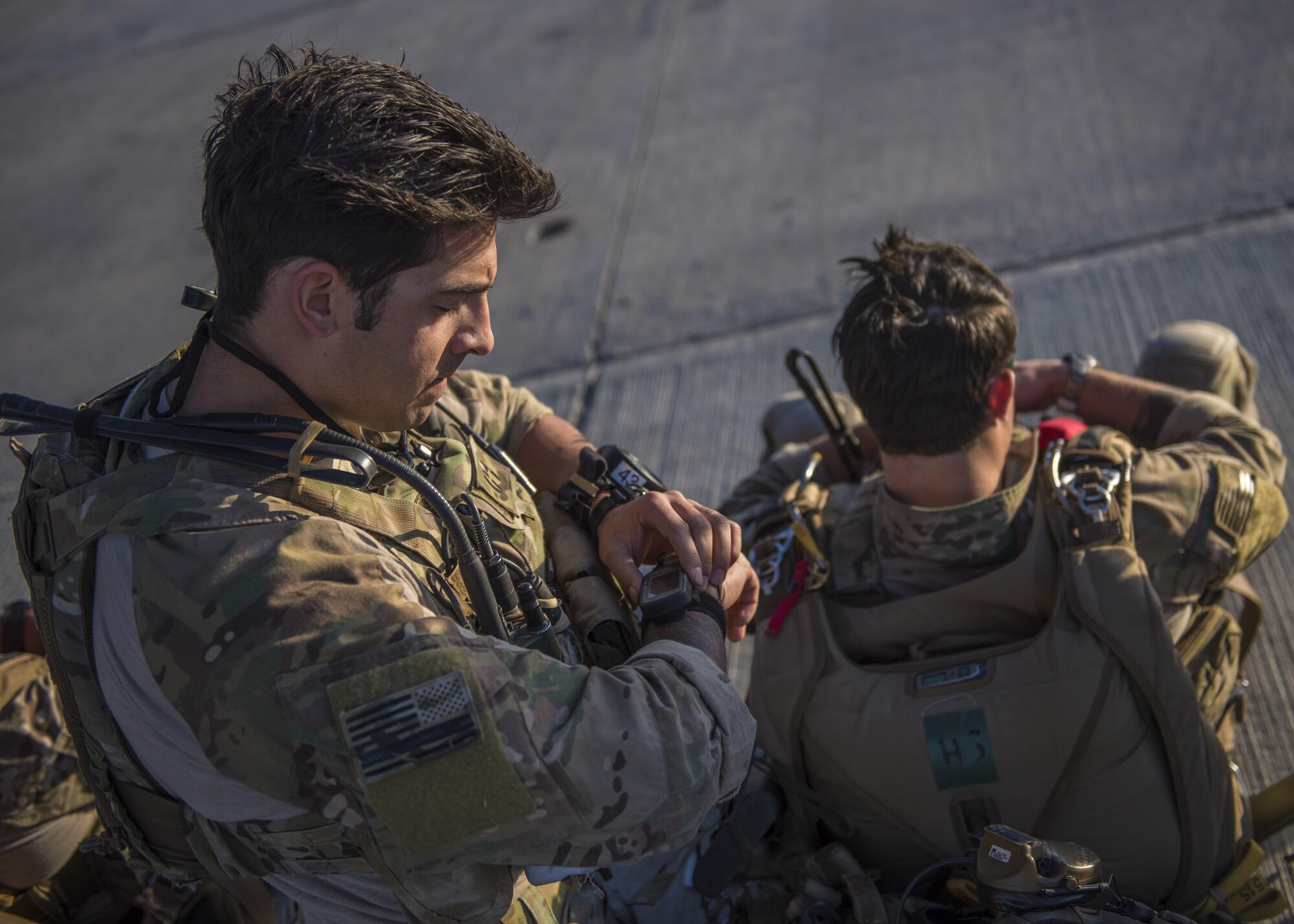 1st Lt. Nicholas Adagio, 83rd Expeditionary Rescue Squadron combat rescue officer, conducts a pre-jump check, Bagram Airfield, Afghanistan, Sept. 03, 2016. The 83rd ERQS provides the only U.S. personnel recovery assets in Afghanistan. In order to maintain readiness and skill level, they participate in real world scenario exercises. (U.S. Air Force photo by Senior Airman Justyn M. Freeman)