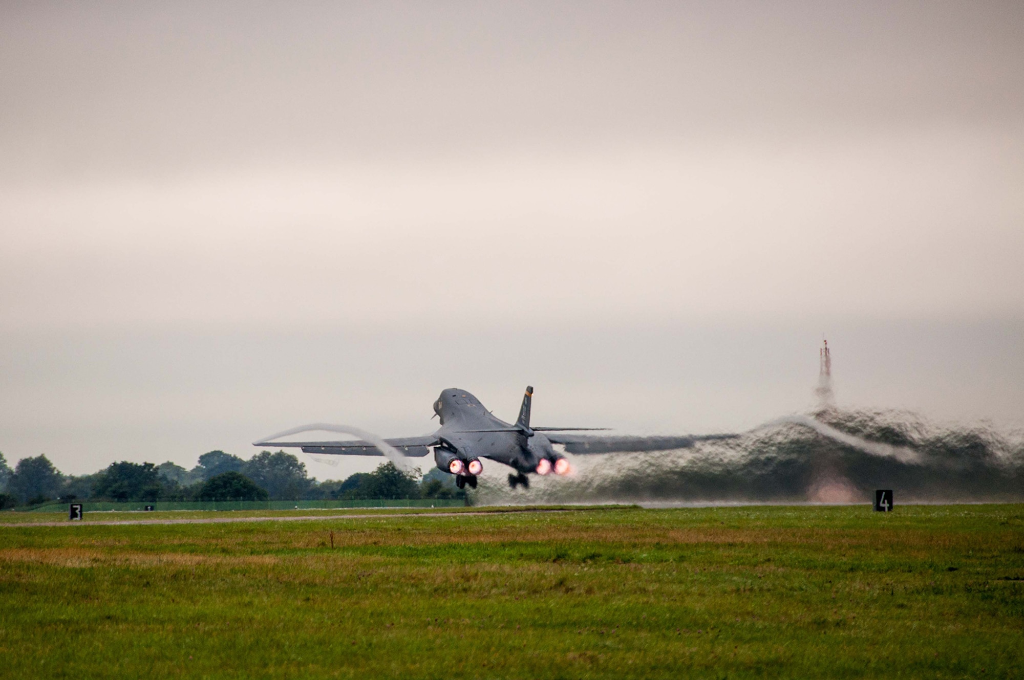 A B-1B Lancer from the 7th Bomb Wing, Dyess Air Force Base, Texas, Air Force Global Strike Command, takes to the skies on Sep. 5, 2016 as the first day of participation in Exercise Ample Strike 2016, an annual Czech Republic-led exercise with 300 participants from 18 countries scheduled for Sept. 5-16. (U.S. Air Force photo by 1st Lt. Monique Roux/Released)