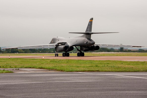 A B-1B Lancer from the 7th Bomb Wing, Dyess Air Force Base, Texas, Air Force Global Strike Command, taxis down the runway on Sep. 5, 2016 as the first day of participation in Exercise Ample Strike 2016, an annual Czech Republic-led exercise with 300 participants from 18 countries scheduled for Sept. 5-16. (U.S. Air Force photo by 1st Lt. Monique Roux/Released)