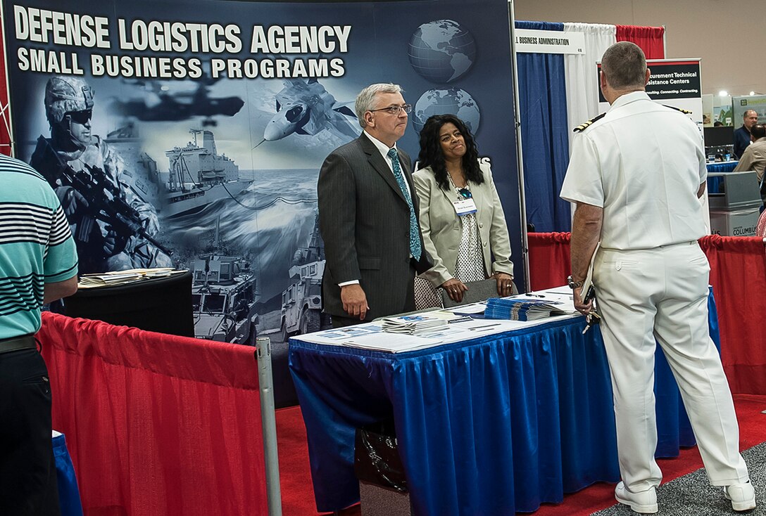DLA Land and Maritime Small Business Specialists James Secrist (left) and Donna Brino-Blackwell were on hand to discuss small business program opportunities with attendees at the 2016 DLA Land and Maritime Supplier Conference and Expo in Columbus, Ohio.