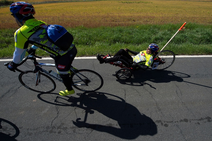 Army veteran Sgt. Albert Gonzalez pedals a recumbent bike along the Face of America bike route in Gettysburg, Pa., April 24, 2016. More than 150 disabled veteran cyclists were paired amongst 600 able-bodied cyclists to ride 110 miles from Arlington, Va. to Gettysburg, Pa. DoD photo by EJ Hersom