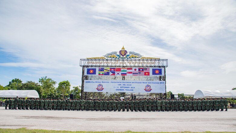 Multinational service members stand in formation during the opening ceremony for ASEAN Exercise 16-3 at 14th Military Circle Airfield, Chonburi Province, Thailand, Sept. 5, 2016. AEX 16-3 is a small-scale humanitarian assistance and disaster relief exercise consisting of 18 nations and co-hosted by Thailand, Japan, Lao People’s Democratic Republic and the Russian Federation. It is the third iteration of the ASEAN Defense Ministers Meeting plus multinational exercise program in 2016.