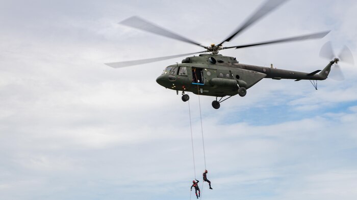 Multinational service members conduct a Search and Rescue demonstration during the opening ceremony for ASEAN Exercise 16-3 at 14th Military Circle Airfield, Chonburi Province, Thailand, Sept. 5, 2016. AEX 16-3 is a small-scale humanitarian assistance and disaster relief exercise consisting of 18 nations and co-hosted by Thailand, Japan, Lao People’s Democratic Republic and the Russian Federation. It is the third iteration of the ASEAN Defense Ministers Meeting plus multinational exercise program in 2016.