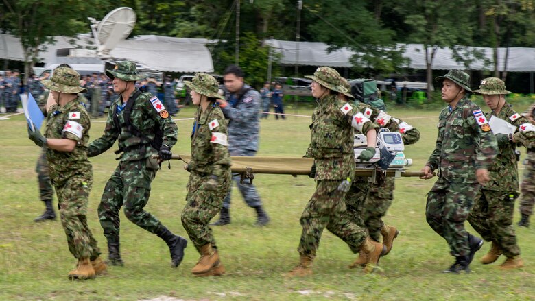 Multinational service members conduct a Search and Rescue demonstration during the opening ceremony for ASEAN Exercise 16-3 at 14th Military Circle Airfield, Chonburi Province, Thailand, Sept. 5, 2016. AEX 16-3 is a small-scale humanitarian assistance and disaster relief exercise consisting of 18 nations and co-hosted by Thailand, Japan, Lao People’s Democratic Republic and the Russian Federation. It is the third iteration of the ASEAN Defense Ministers Meeting plus multinational exercise program in 2016.