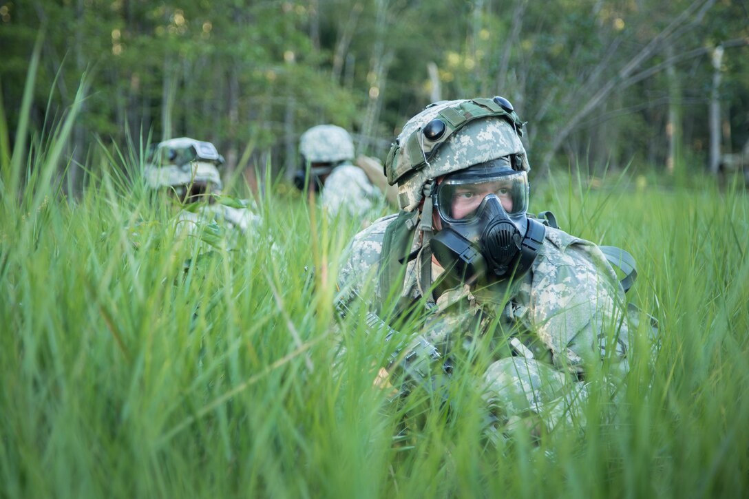 U.S. Army Pfc. Logan Brown, 805th Military Police Company, Cary, N.C., scans the woodline for enemy during Combat Support Training Exercise (CSTX) 86-16-03 at Fort McCoy, Wis., August 14, 2016. The 84th Training Command’s third and final Combat Support Training Exercise of the year hosted by the 86th Training Division at Fort McCoy, Wis. is a multi-component and joint endeavor aligned with other reserve component exercises. (U.S. Army photo by Spc John Russell/Released)