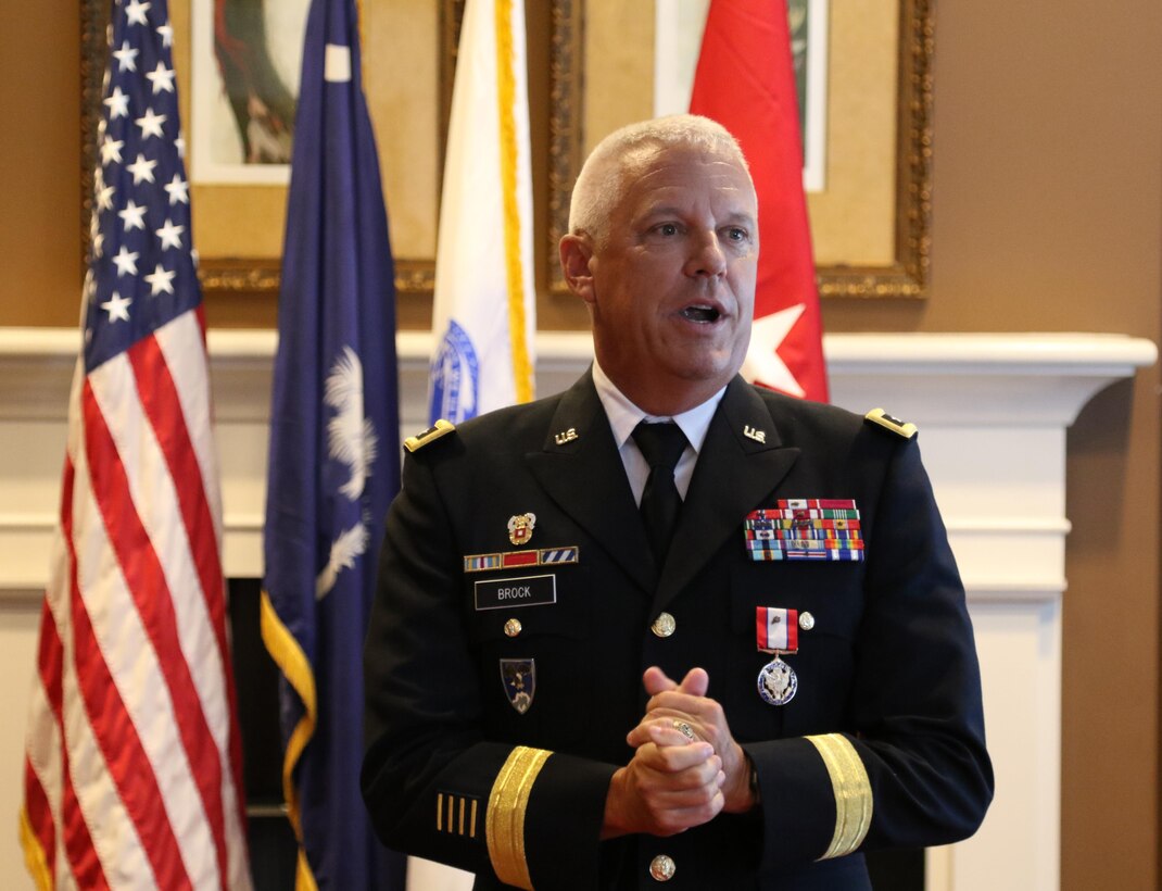 Army Reserve Maj. Gen. Lawrence "Wayne" Brock III, recent commander of the 311th Signal Command (Theater) and former commander of the 335th Signal Command (Theater) addresses a crowd of fellow Soldiers, friends and family members during his retirement ceremony in Greer, South Carolina Sept. 1.  Brock served more than 36-years of honorable and faithful service in the Army Reserve and Army National Guard.