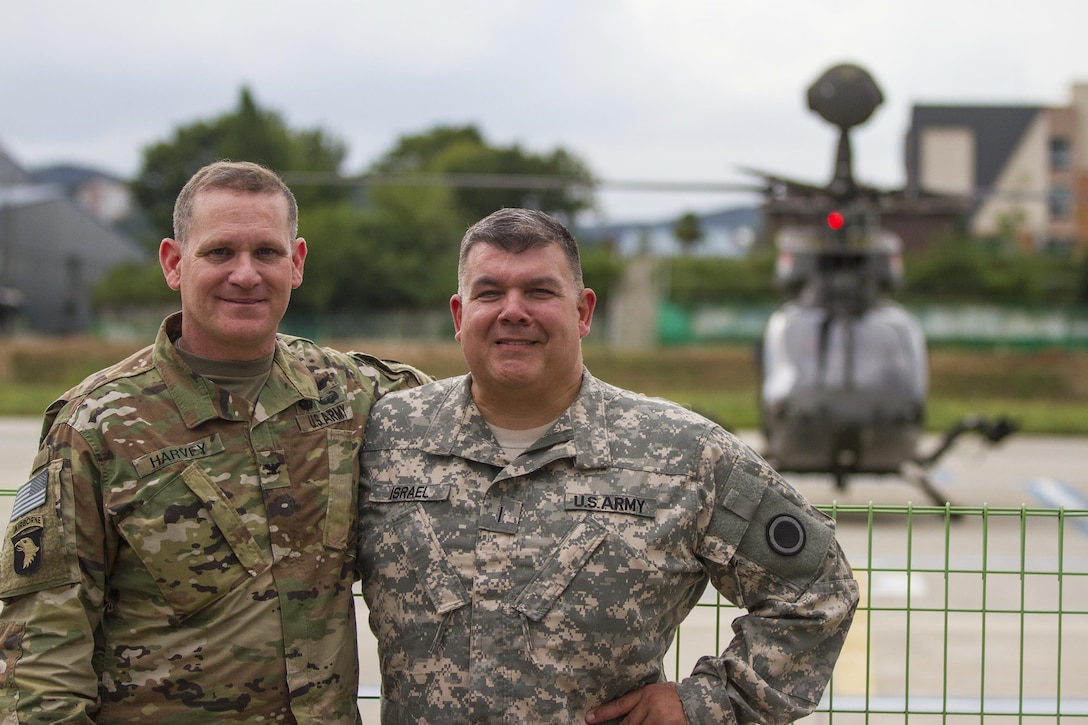 U.S. Army I Corps officers Col. Michael Harvey and Chief Warrant Officer Jim Israel pose in front of a OH-58D Kiowa Warrior at an airfield in Yongin, South Korea, Aug. 29, 2016. Both flew the OH-58 extensively during their Army careers. The helicopter belonged to the 1st Squadron, 17th Cavalry Regiment - the last squadron of OH-58's. Once the 4-6's deployment is over the Army will retire all OH-58's from the fleet. (U.S. Army photo by Staff Sgt. Ken Scar)