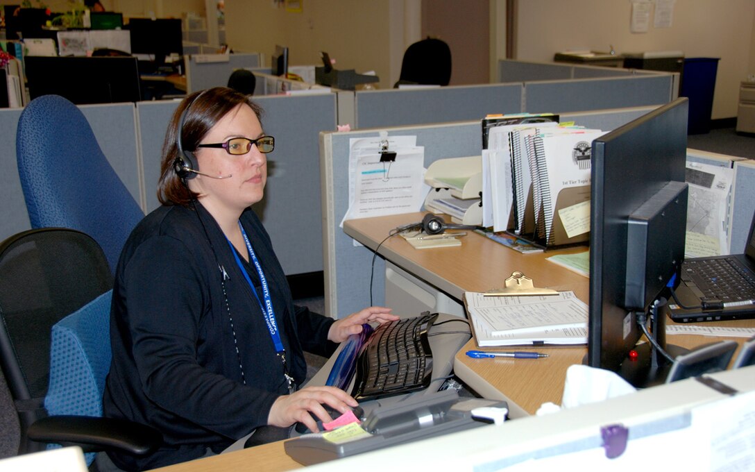 New agents at the Customer Interaction Center spend five to six weeks learning DLA’s business portfolio, as well as requisition types, and the automated systems needed to place and track orders. After training, they spend about three months taking calls alongside a seasoned agent such as Sara Gorham.