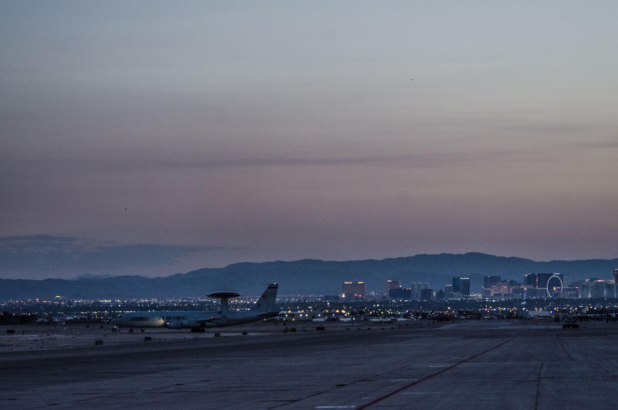 An E-3 Sentry from the 965th Airborne Air Control Squadron, Tinker Air Force Base, Okla., taxis at Nellis AFB, Nev., Aug. 13, 2016. The Sentry located surface-to-air missile systems and other air threats to get an idea of what the enemy was doing during a Red Flag 16-4 sortie. (U. S. Air Force photo by Tech. Sgt. Frank Miller)