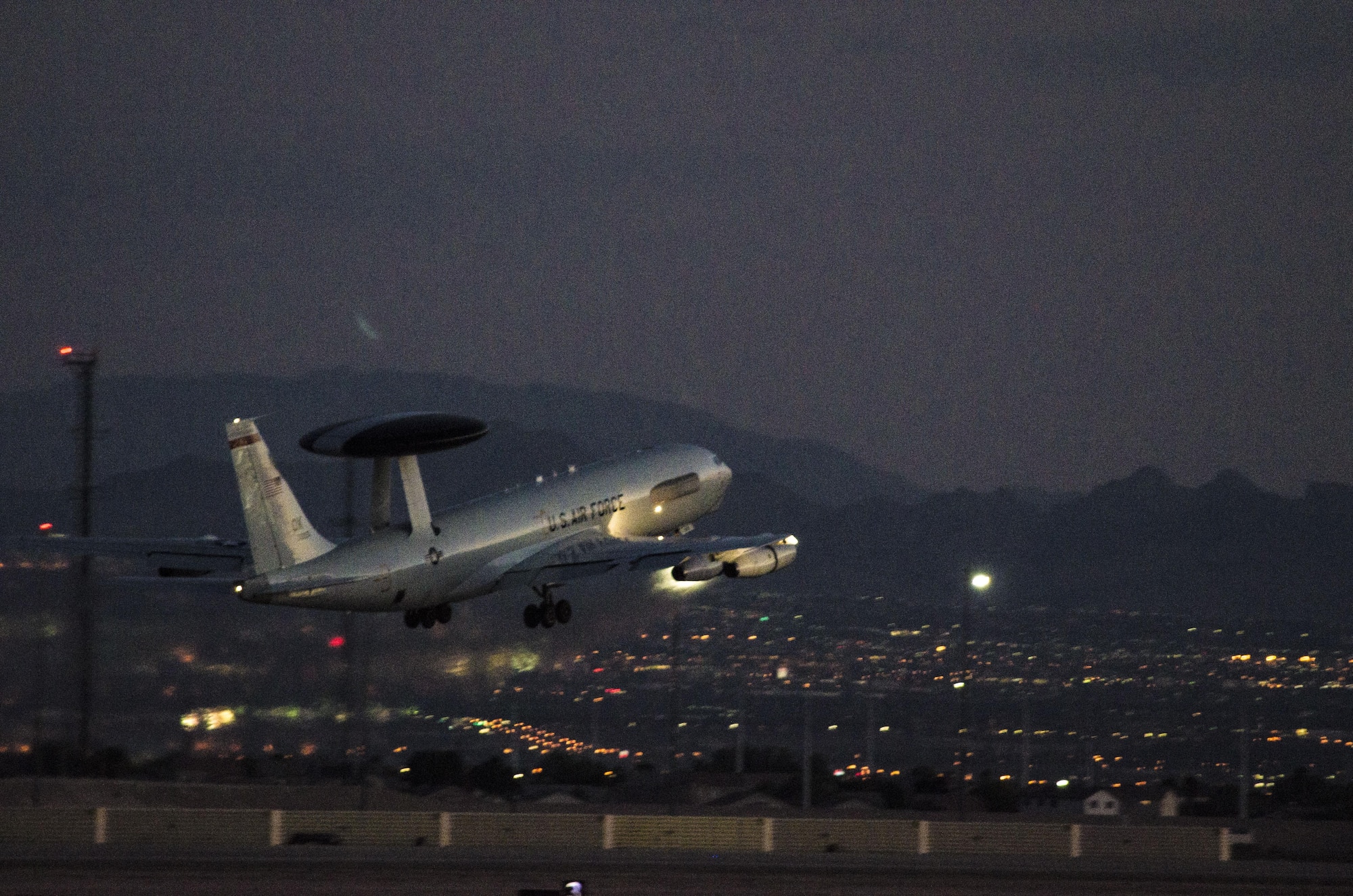 An E-3 Sentry assigned to the 965th Airborne Air Control Squadron, Tinker Air Force Base, Okla., takes off while conducting a night sortie during exercise Red Flag 16-4 at Nellis AFB, Nev., Aug. 17, 2016. The 965th AACS played a key role during the exercise by providing command and control to allied forces. (U. S. Air Force photo by Tech. Sgt. Frank Miller)