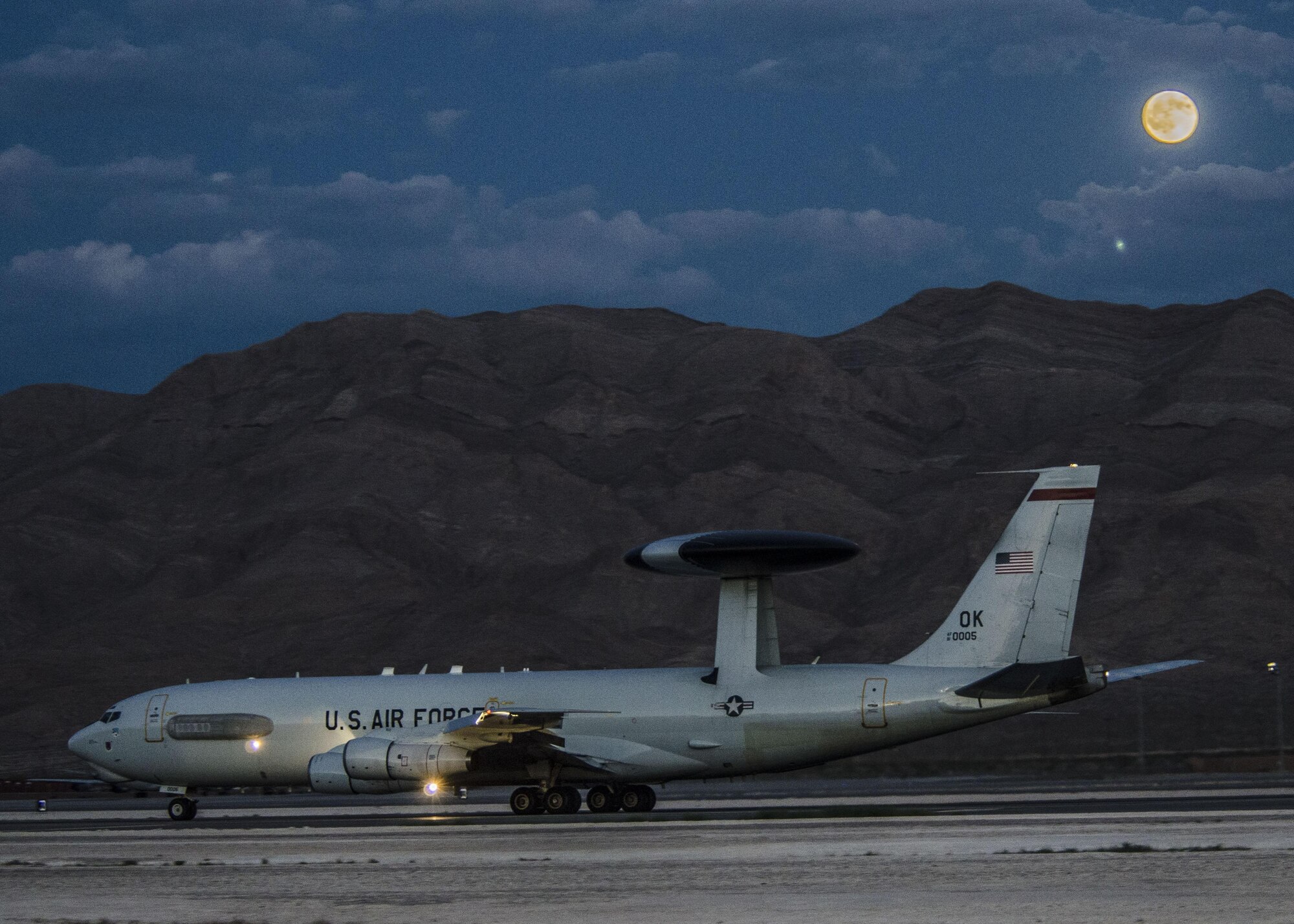 An E-3 Sentry from the 965th Airborne Air Control Squadron, Tinker Air Force Base, Okla., taxis at Nellis AFB, Nev., Aug. 13, 2016. The Sentry played a vital role in suppressing enemy air defenses on the ground, air-to-air fights, and bombs dropped on targets by acting as the eyes and ears for the battle space during Red Flag 16-4. (U. S. Air Force photo by Tech. Sgt. Frank Miller)