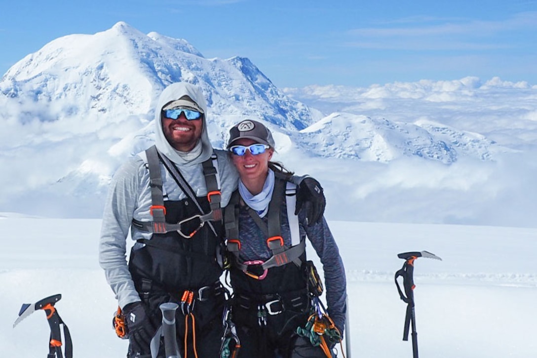 Capt. Stephen Austria, a project engineer in the Army Corps of Engineers, and his fiancé and climbing partner, Rebecca Melesciuc, take a break from descending Denali, the tallest peak in North America. Courtesy photo
