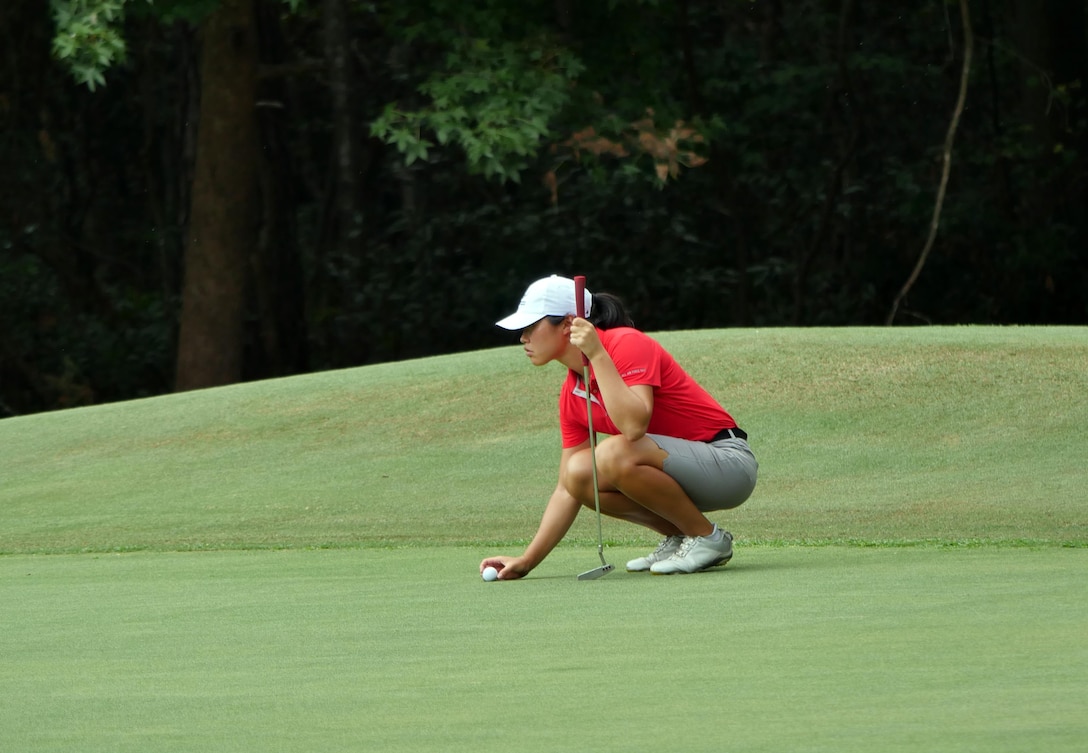 Air Force 1st Lt. Deborah Kim on the green ready to put during the 2016 Armed Forces Golf Championship at Fort Jackson, S.C. 20-23 August.  Kim took home the bronze medal in the Women's Competition, as Air Force captured the Team silver.   