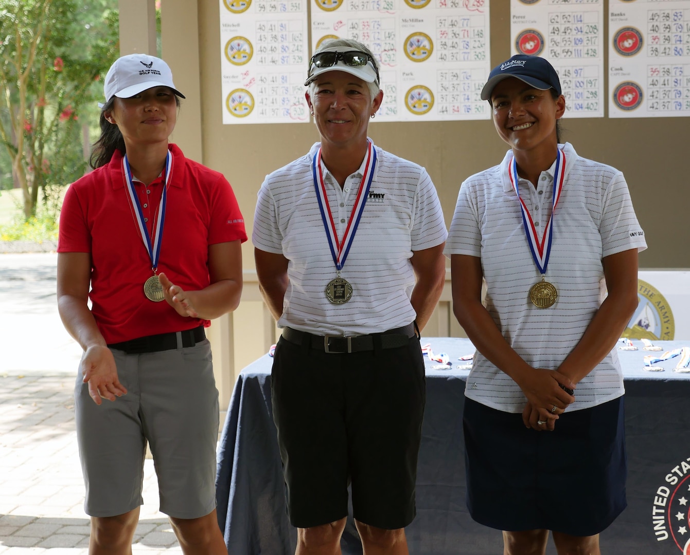 Top women golfers of the 2016 Armed Forces Golf Championship at Fort Jackson, S.C. 20-23 August.  From left to right:  Bronze medalist Air Force 1st Lt Deborah Kim of Wright-Patterson AFB, Ohio; Silver medalist Army Col. Shauna Synder of Falls Church, Va.; and 2016 Champion, Navy Petty Officer 3rd Class Maggie Ramirez of NAS Coronado, Calif.