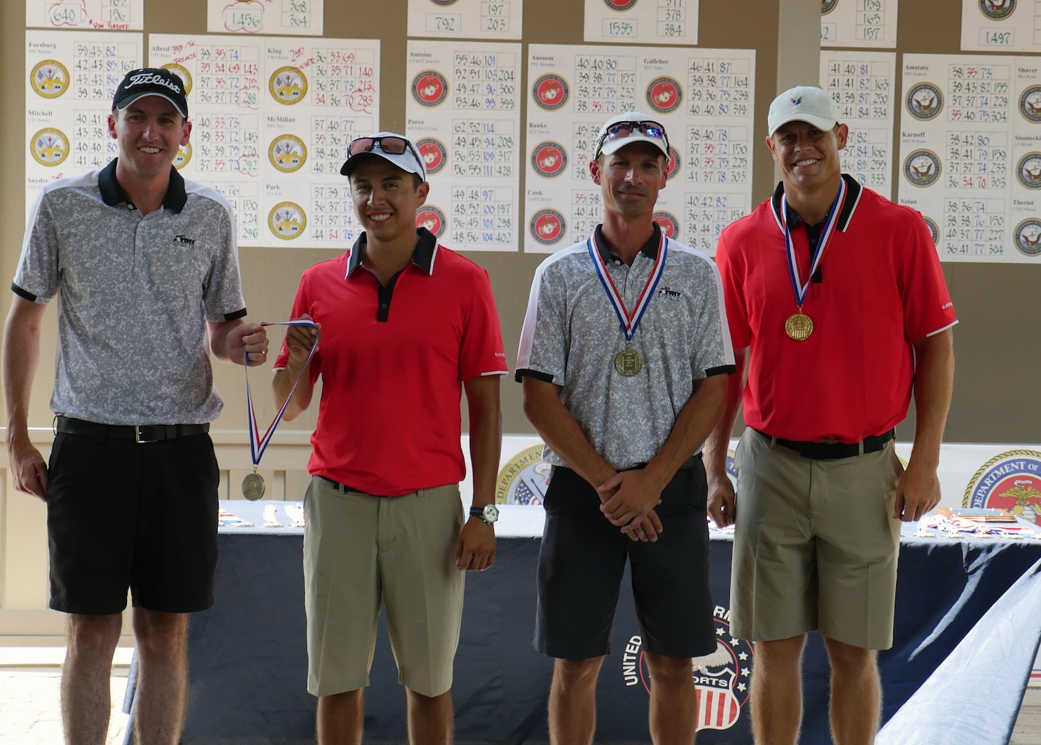 Top men golfers of the 2016 Armed Forces Golf Championship at Fort Jackson, S.C. 20-23 August.  From left to right:  Bronze medalists (tied) Army Capt Ryan Allred of West Point, N.Y. and Air Force 1st Lt Miguel Macias of Wright-Patterson AFB, Ohio; Silver medalist Army Chief Warrant Officer 3 Brian King of Fort Rucker, Ala.; and 2016 Champion, Air Force 1st Lt. Kyle Westmoreland of Charleston AFB, SC