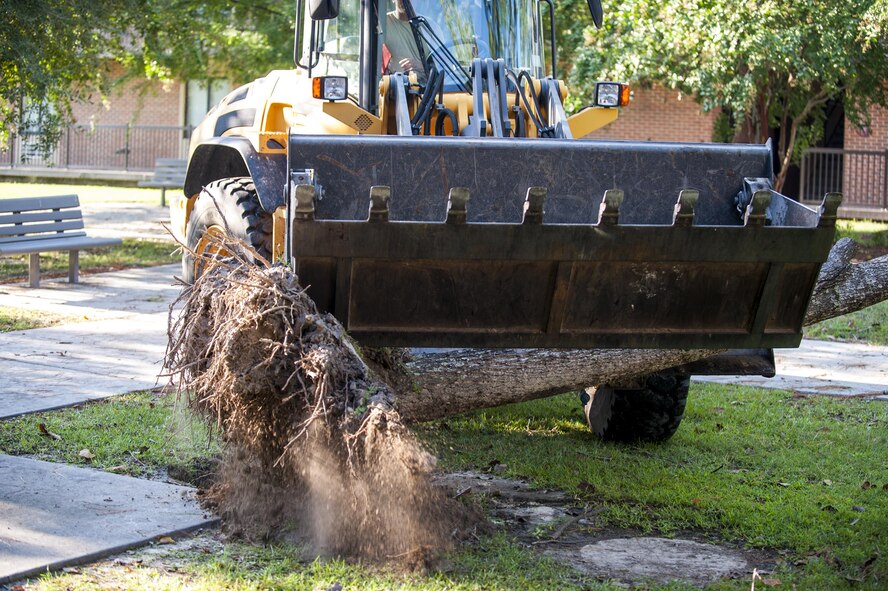 U.S. Air Force Tech. Sgt. Daniel Hall, 23d Civil Engineer Squadron heavy equipment operator, uses a clamping bucket to lift the remaining portion of a fallen tree from the ground, Sept. 6, 2016, at Moody Air Force Base, Ga. Airmen from the 23d CES were tasked with gathering and disposing of natural debris left in the wake of Tropical Storm Hermine. (U.S. Air Force photo by Airman 1st Class Daniel Snider)