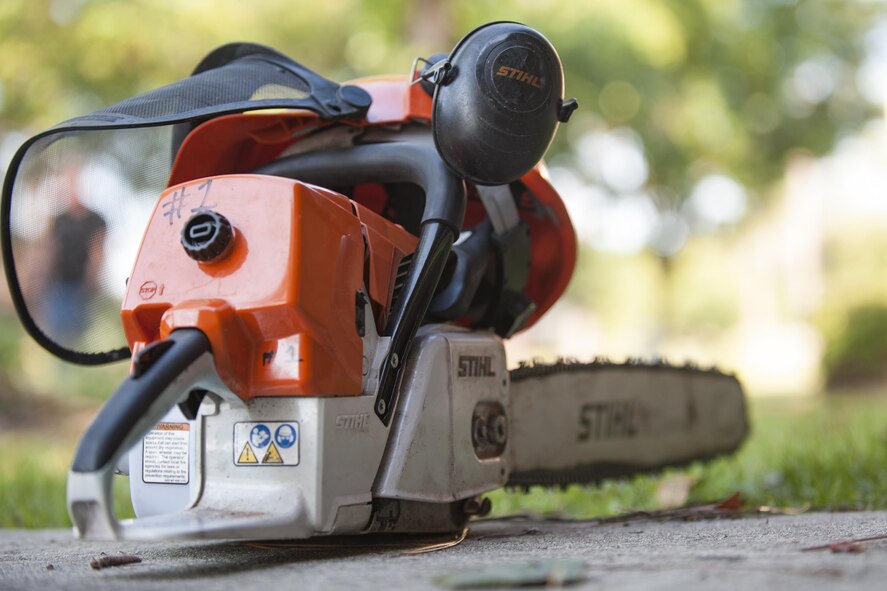 A chainsaw sits on the ground during clean-up efforts following Tropical Storm Hermine, Sept. 6, 2016, at Moody Air Force Base, Ga. Airmen used a combination of chainsaws, dump-trucks and tractors to clear debris from around the installation. (U.S. Air Force photo by Airman 1st Class Daniel Snider)